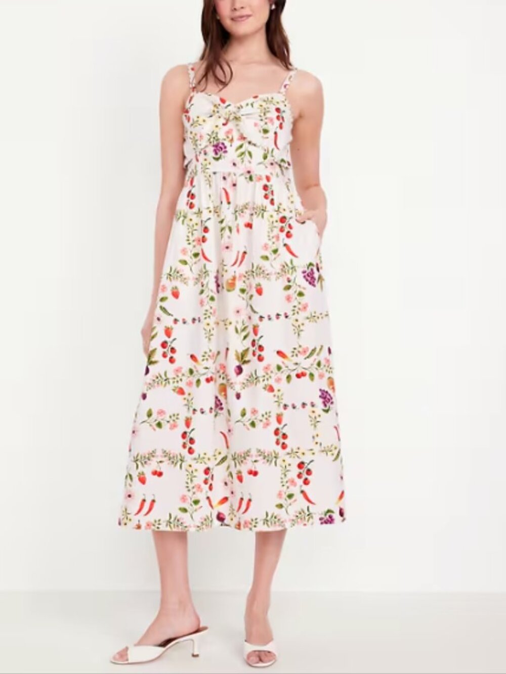 Old Navy Womens Sz Small Sleeveless Fit & Flare Tie-Front Midi Dress White Fruit